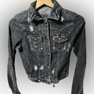 Vanity beaded distressed denim jacket Size small